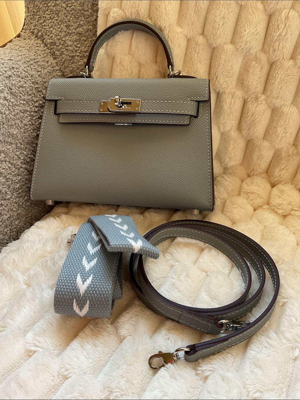 Mini Blue gray Structured Top-Handle Bag with Removable Straps silver hardware. - Picture 1 of 8